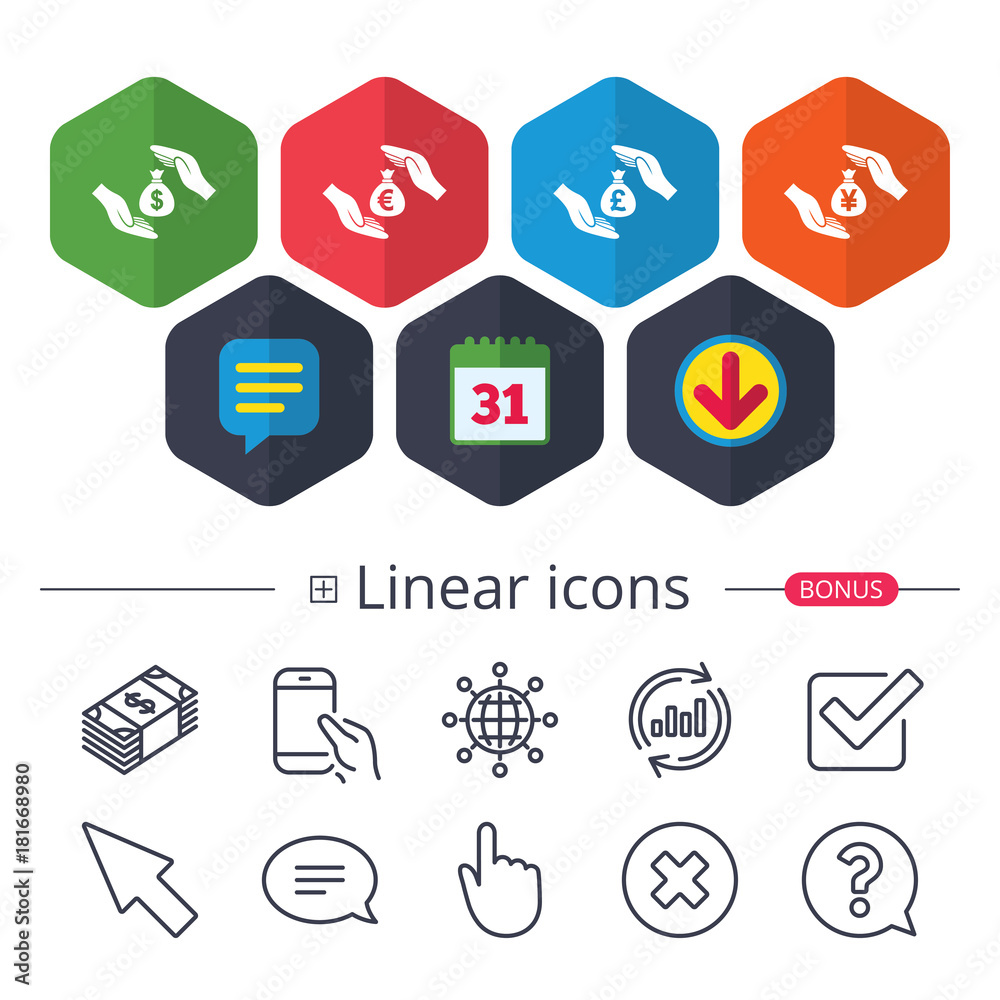 Hands insurance icons. Money savings signs. Hands insurance icons. Money savings signs.