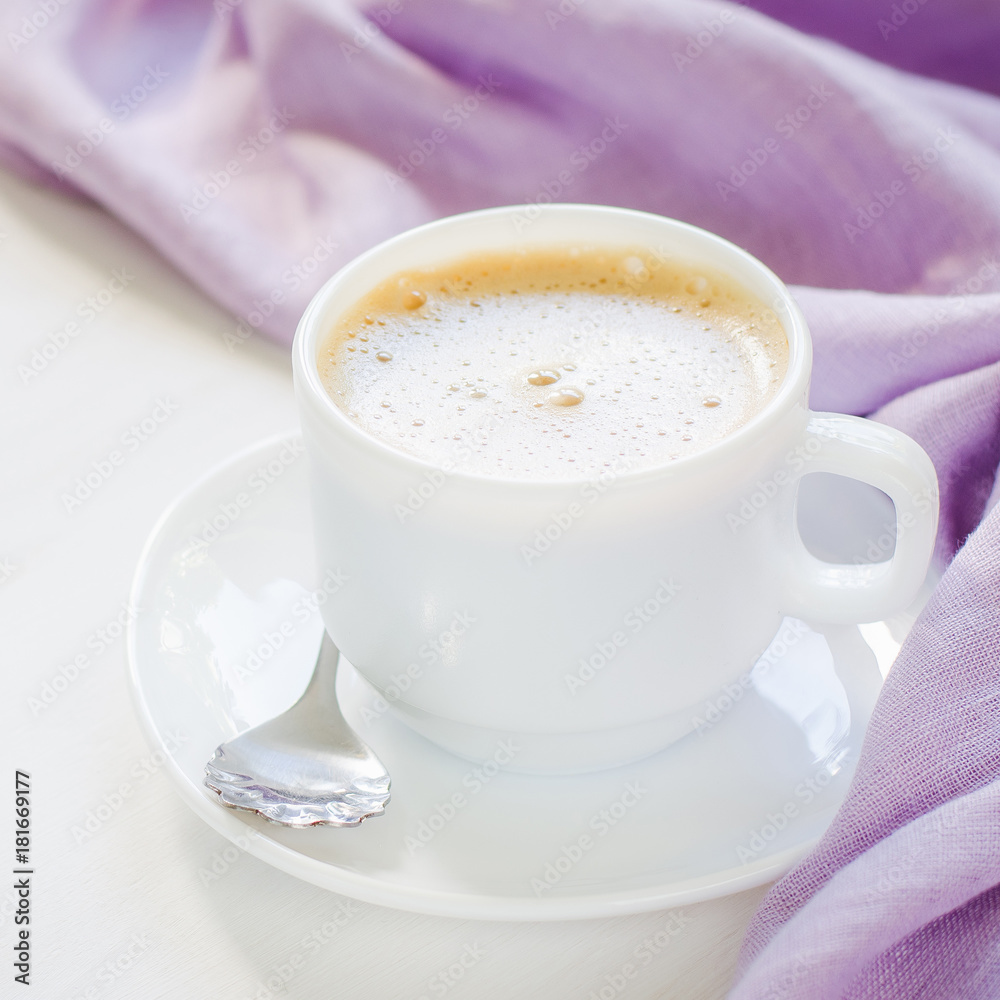 White cup of morning coffee or cappuccino White cup of morning coffee or cappuccino