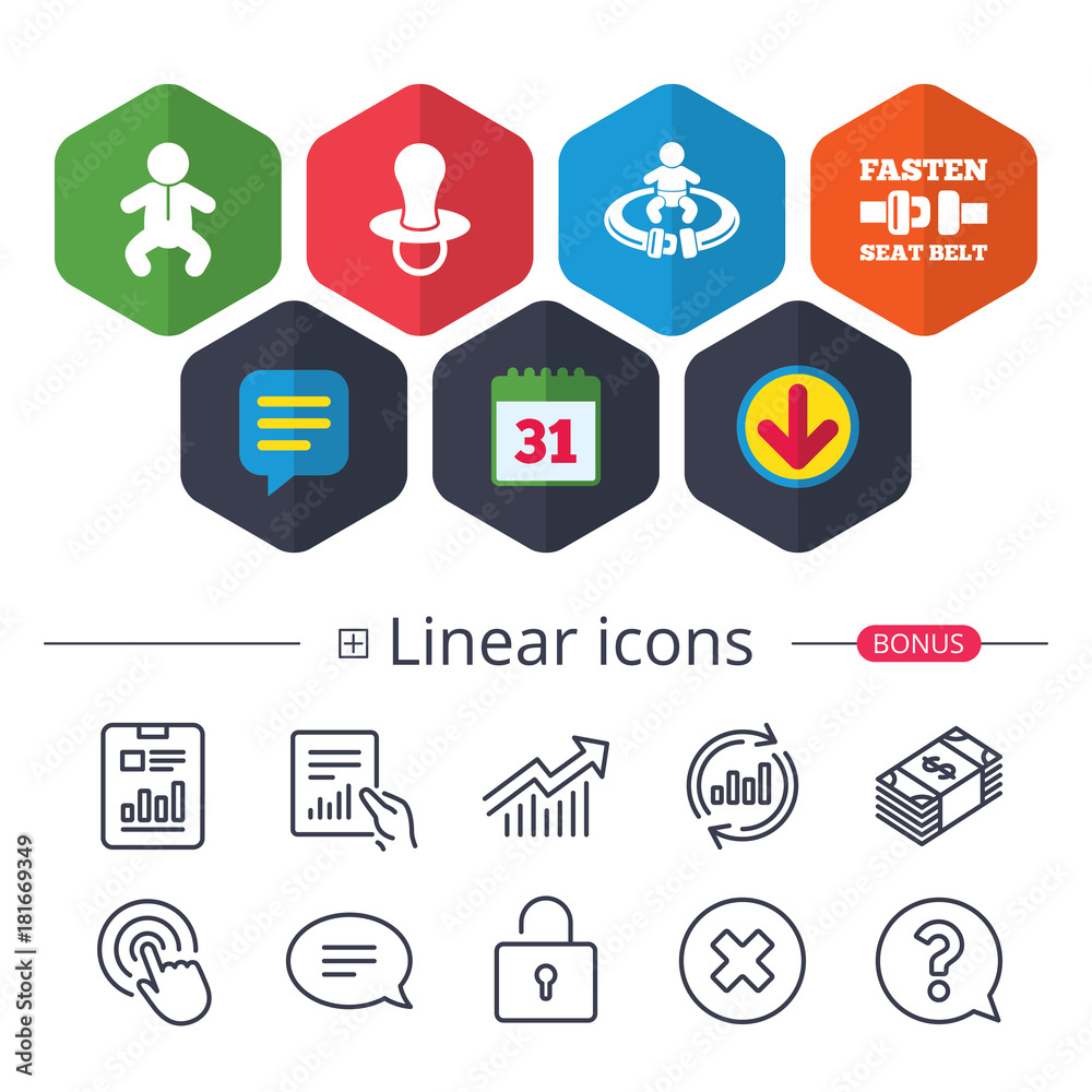 Baby infants icons. Fasten seat belt symbols. Baby infants icons. Fasten seat belt symbols.