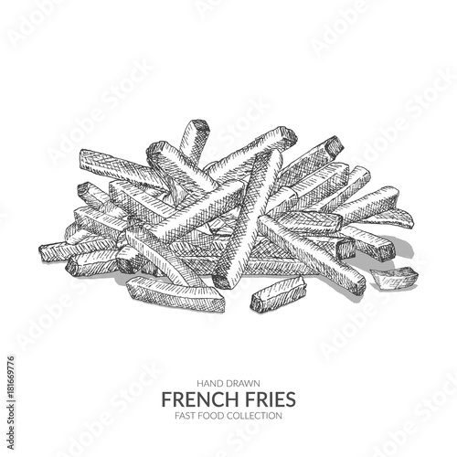 Hand drawn french fries illustration with ink and pen. Vintage black and white fast food vector element.