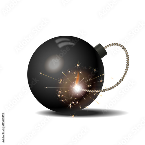 Vector illustration of a bomb and match in fire and sparks.