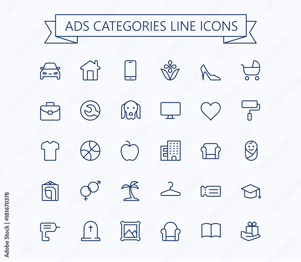 Classified advertisements categories thin line icons set.24x24 Grid. Pixel Perfect.Editable stroke. - obrazy, fototapety, plakaty 