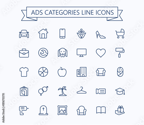 Classified advertisements categories thin line icons set.24x24 Grid. Pixel Perfect.Editable stroke.