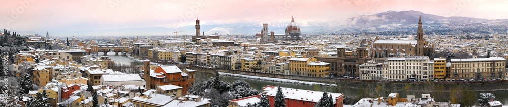 Beautiful cityscape of Florence during winter season. Old Bridge, Old Palace of Signoria, Cathedral of Santa Maria del Fiore and Basilica of the Holy Cross. Florence from Piazzale Michelangelo, Italy.