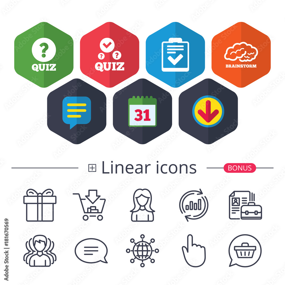 Quiz icons. Checklist and human brain symbols. Quiz icons. Checklist and human brain symbols.