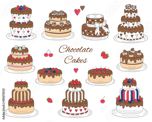 Chocolate cakes set, vector hand drawn, colorful doodle illustration.