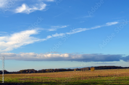 Harvested stubblefields under blue sky and white clouds in the surrounding countryside of Berlin, Germany