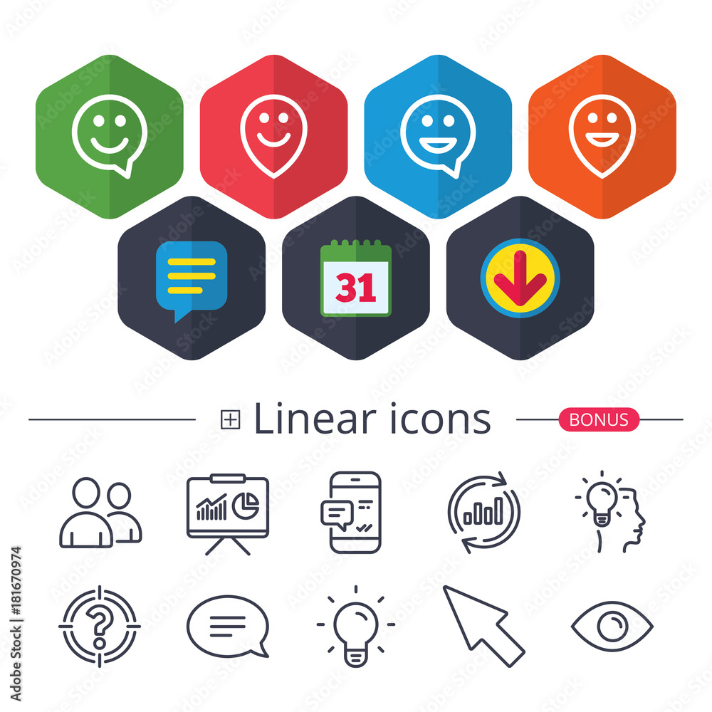 Happy face speech bubble icons. Pointer symbol. Happy face speech bubble icons. Pointer symbol.
