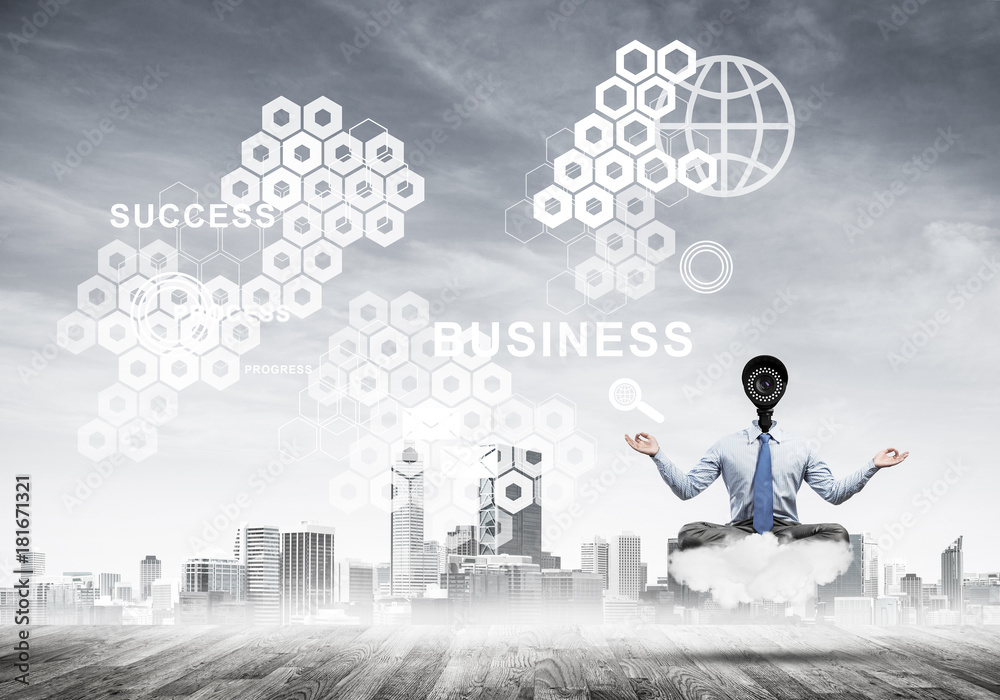 Camera headed man sitting in lotus pose on cloud against modern Camera headed man sitting in lotus pose on cloud against modern