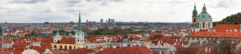 Aerial view of the Old Town architecture with red roofs in Prague , Czech Republic.