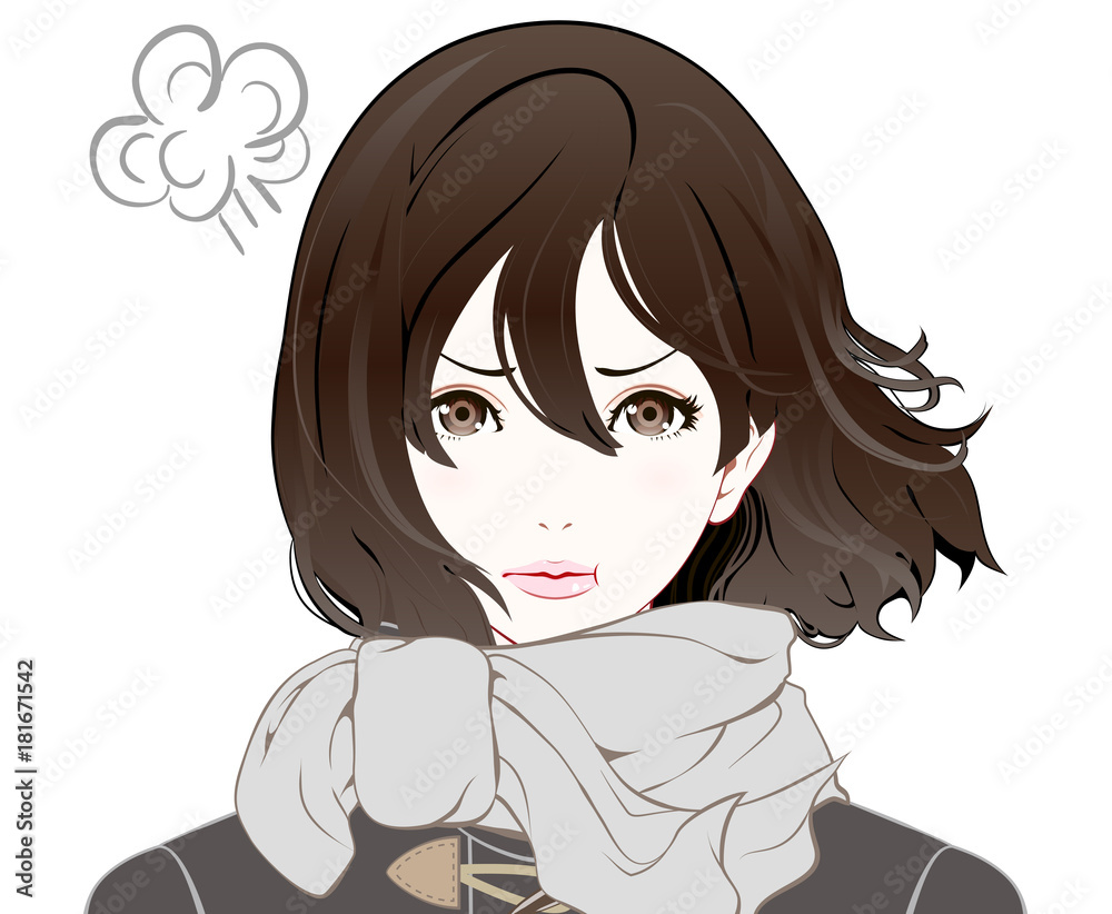 女性の表情 / 冬服 / ふくれる / なびく髪