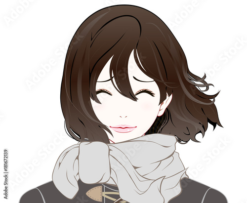 女性の表情 冬服 困り笑い なびく髪 Stock イラスト Adobe Stock