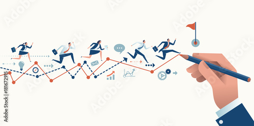 Path to the goal. Businessman‘s hand drawing a line leading to the goal. Business vector concept illustration