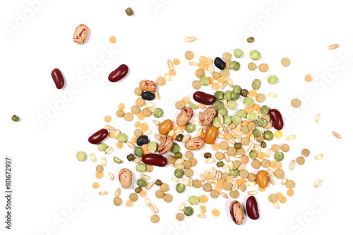Mixed dried legumes and cereals isolated on white background, top view photo