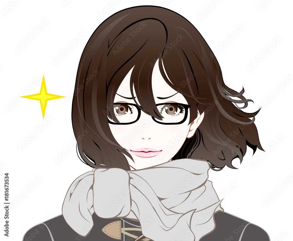 メガネをかけた女性の表情 / 冬服 / 自信 / なびく髪 メガネをかけた女性の表情 / 冬服 / 自信 / なびく髪