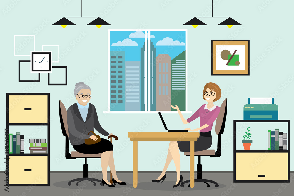 Cartoon business woman and grandmother talking in office, Cartoon business woman and grandmother talking in office,