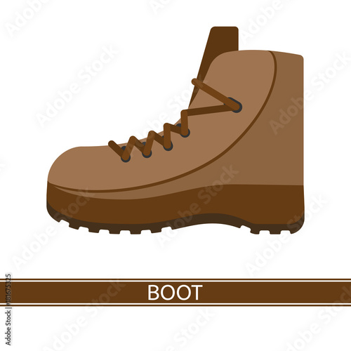 Vector illustration of hiking boot isolated on white background. Leather camping shoes in flat style. Work footwear.