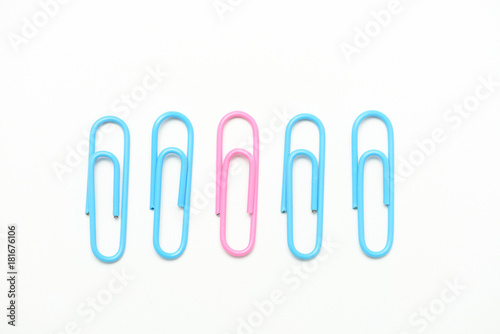 Colorful paper clips on white background.