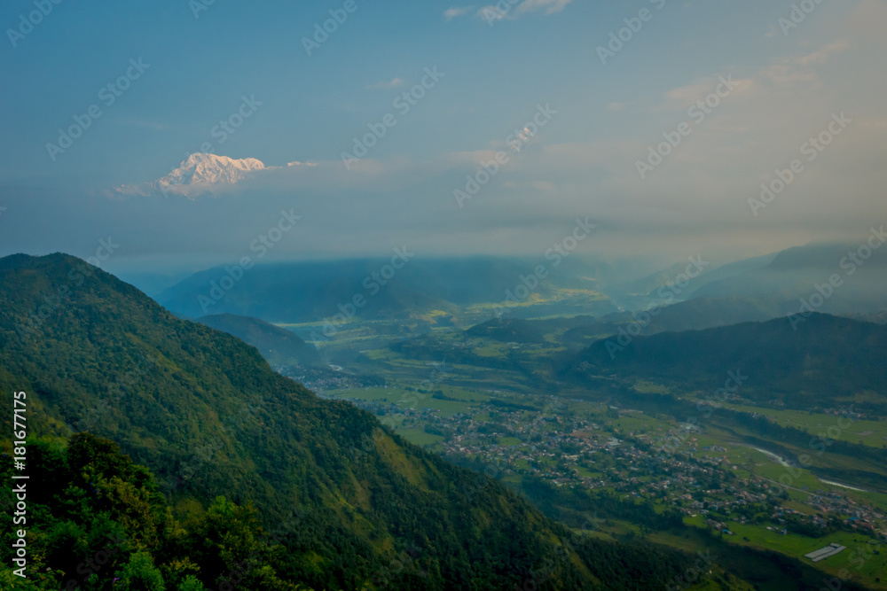 Amazing view from hilltop of the mountain Annapurna during sunrise at Sarangkot, Nepal