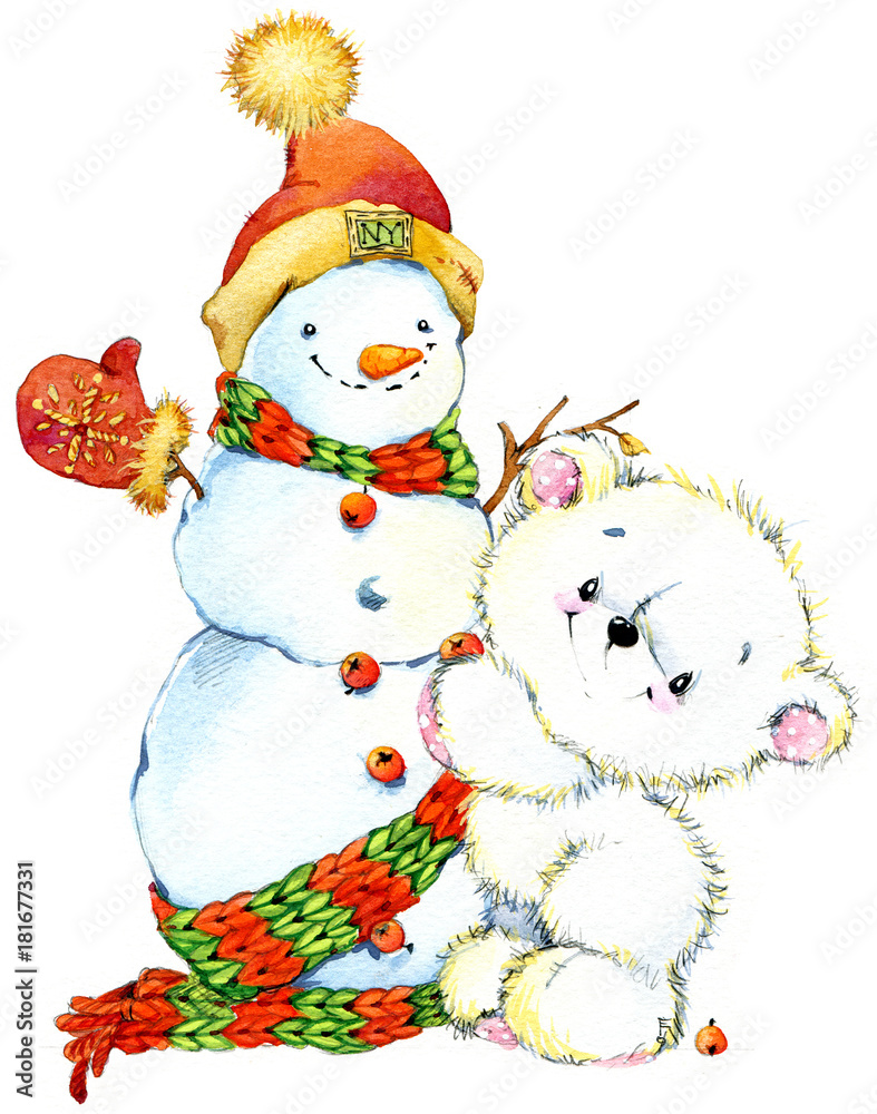 Funny teddy bear and winter decorations for Christmas greetings cards