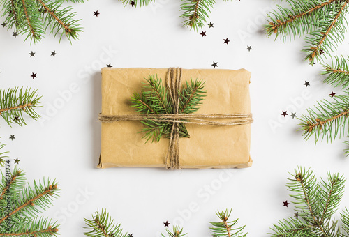 Christmas decoration composition gift box spruce fir brunch glitter stars