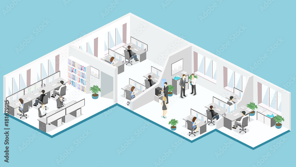 Flat 3d isometric office floor interior departments concept vector.