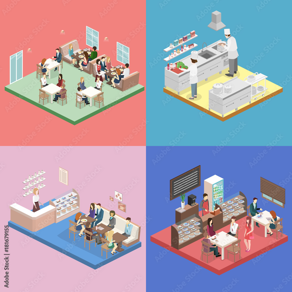 Isometric flat interior of sweet-shop, cafe, canteen and restaurant kitchen.