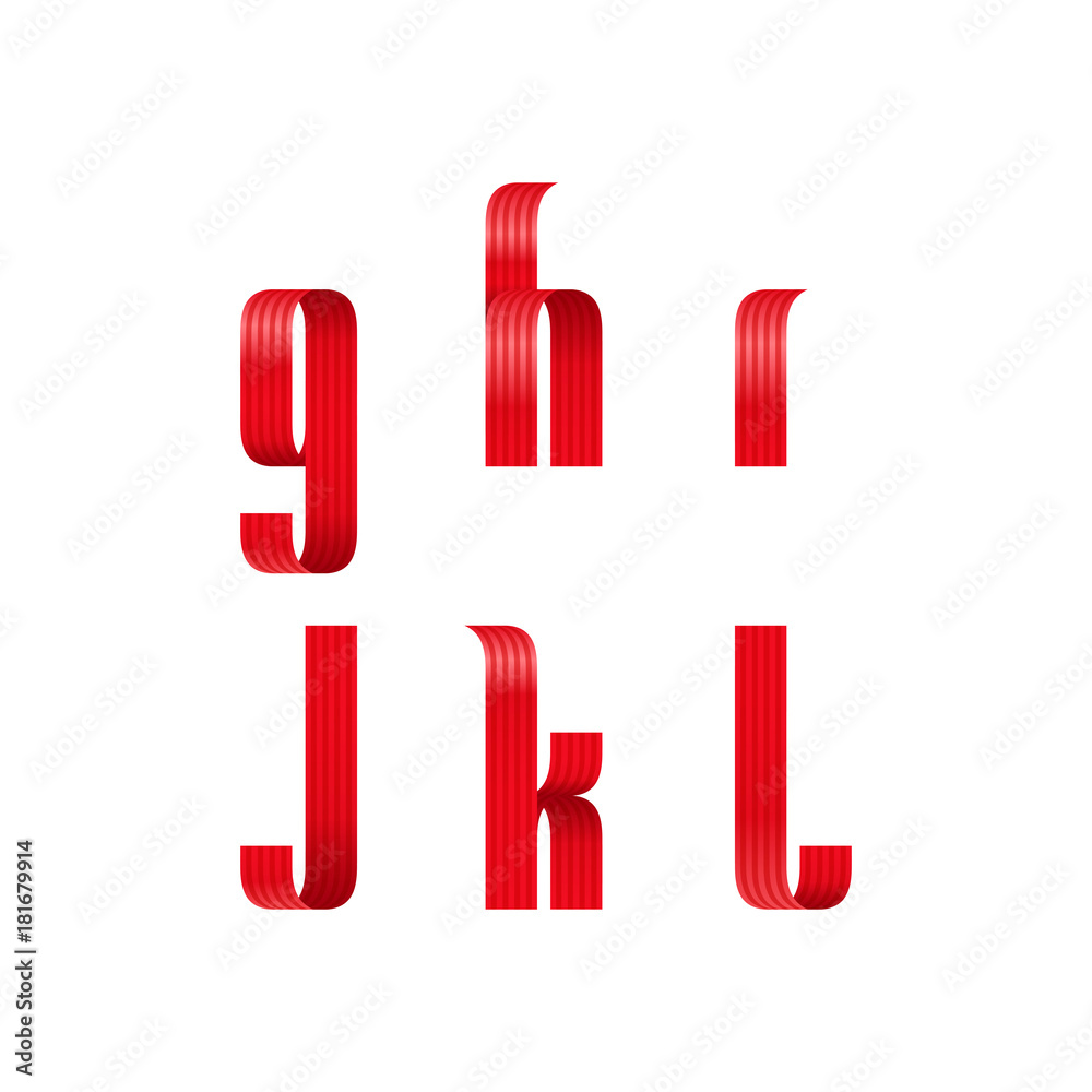 g, h, i, j, k, l lowercase letters font from a red ribbon with strip ...