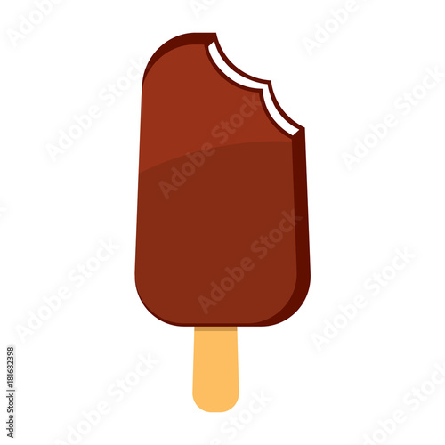 Illustration of chocolate ice cream with a piece bitten off. Isolated on white.