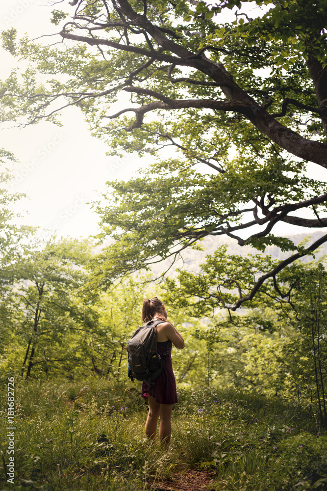 Girl hiking in nature forest sun 