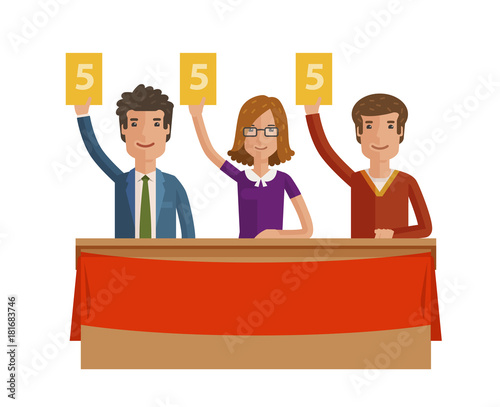 Group of judges jury. People hold up scorecards. Vector illustration