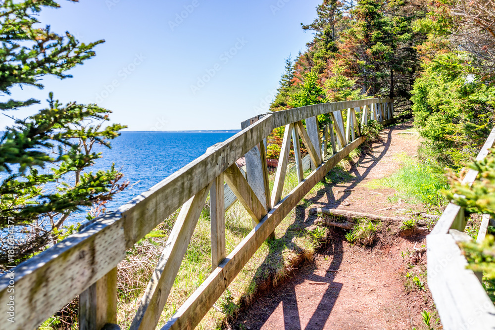 Trail hiking in Bonaventure island by Perce, Quebec in Gaspe, Gaspesie region with wooden fence