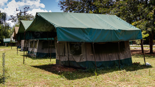 Safari camp in Murchison Falls national park in Uganda. Imagine hippo walking around this camp during night time and grazing grass just next to the tent.
