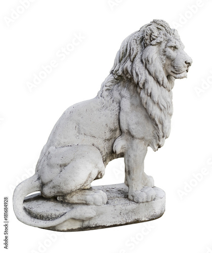Portrait of a noble and regal male lion stone statue isolated on a white background