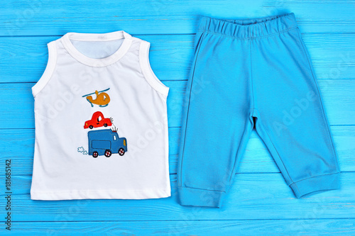 Baby-boy t-shirt and pants. Cute cotton summer suit for infant boys. High quality organic clothes for toddler boys. © DenisProduction.com