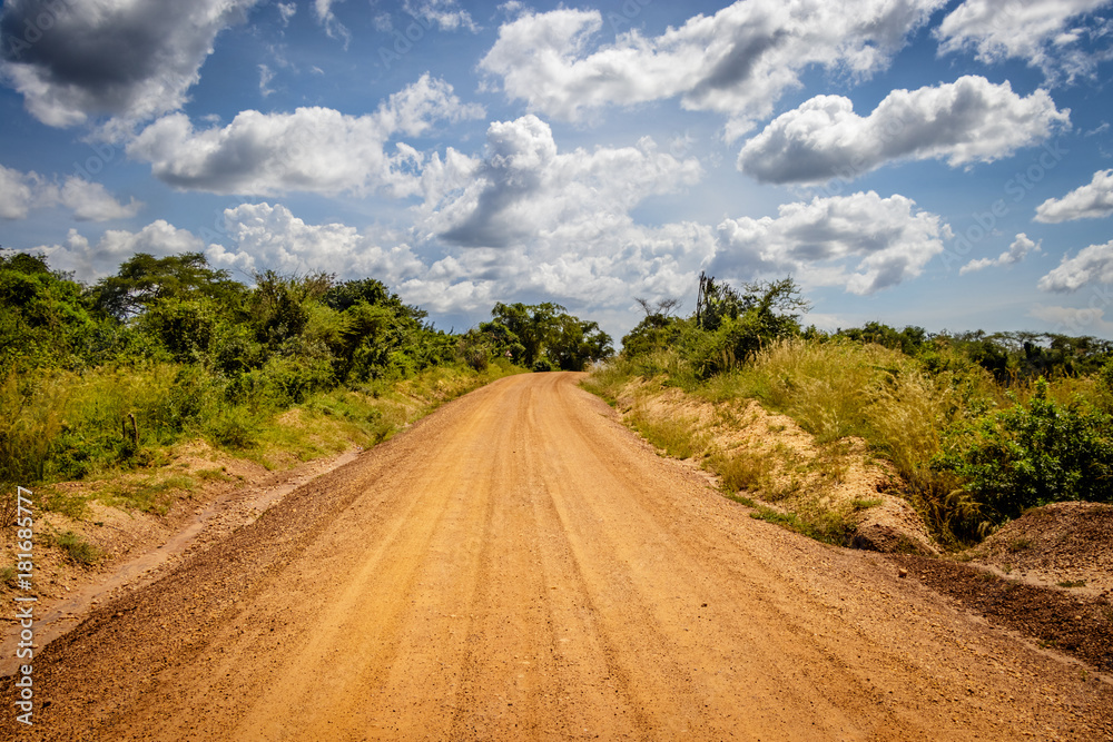 Very typical dirt road with a beautiful sky used for safari in Murchison Falls national park in Uganda. Oil drilling will soon take place in the nearby lake Albert.