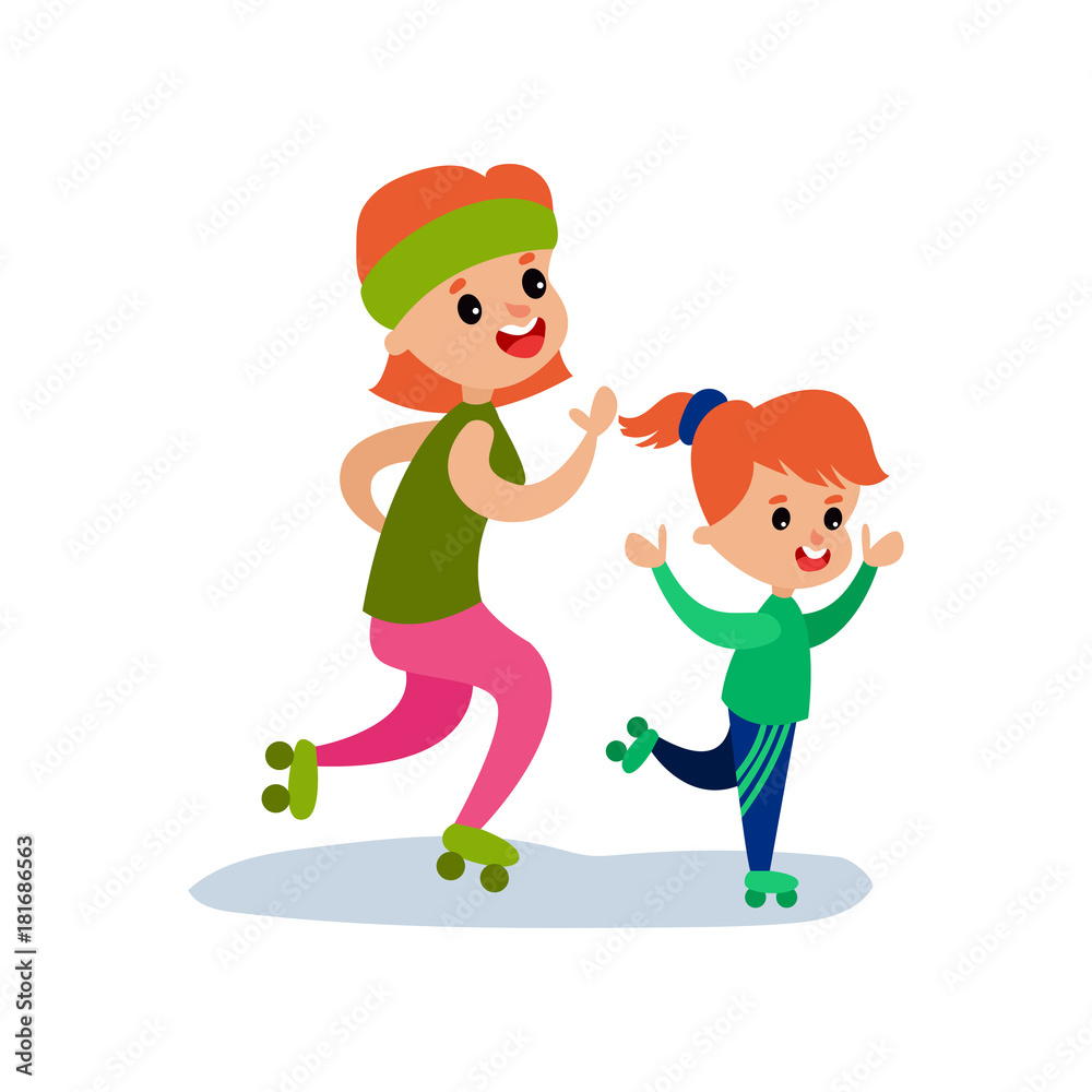 Mom and her daughter skating on rollerblades, sport family and physical activity with children vector Illustration Mom and her daughter skating on rollerblades, sport family and physical activity with children vector Illustration