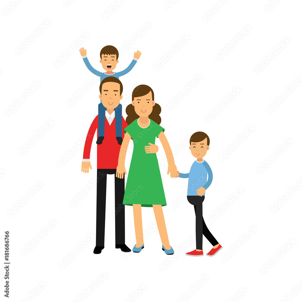 Young parents standing with their two sons, happy family concept vector Illustration