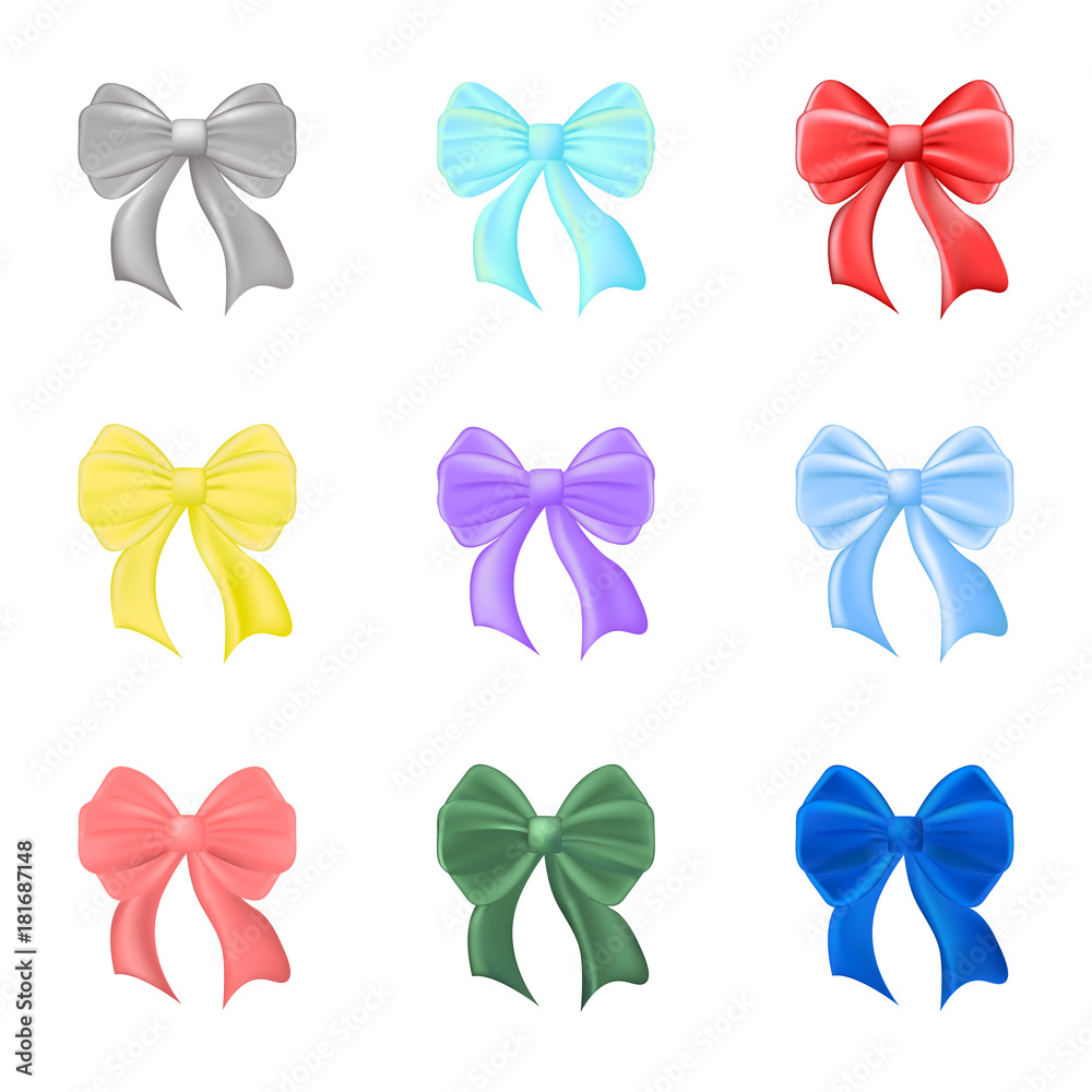 Set of multi-colored festive bows on a white background.