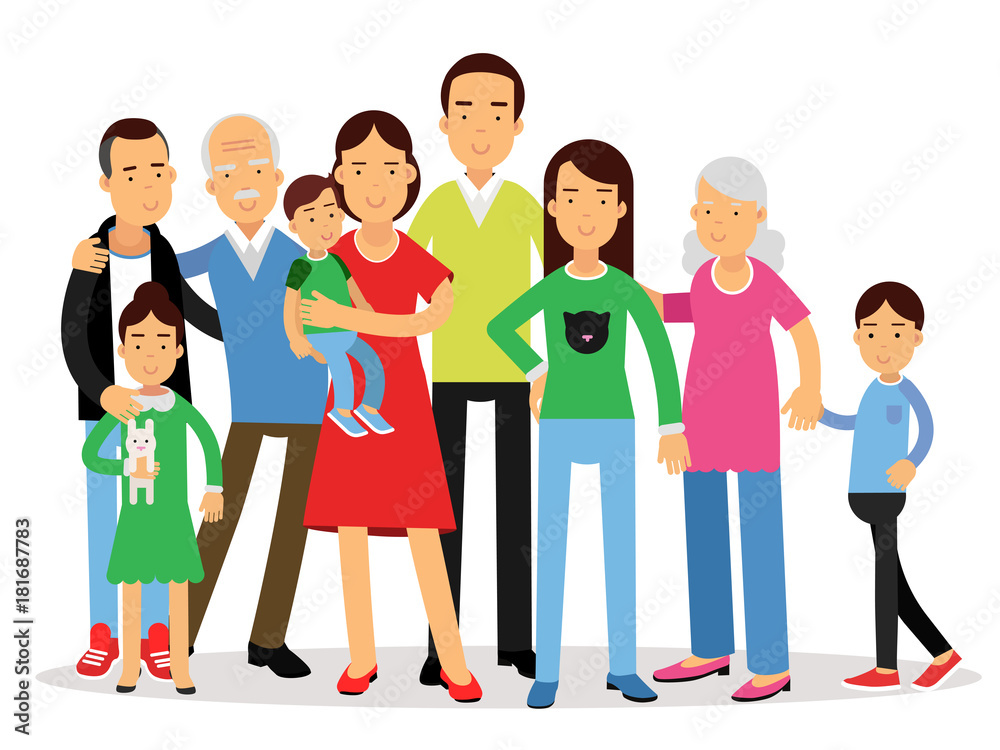 Big family, mom, dad , kids and grandparents vector Illustration