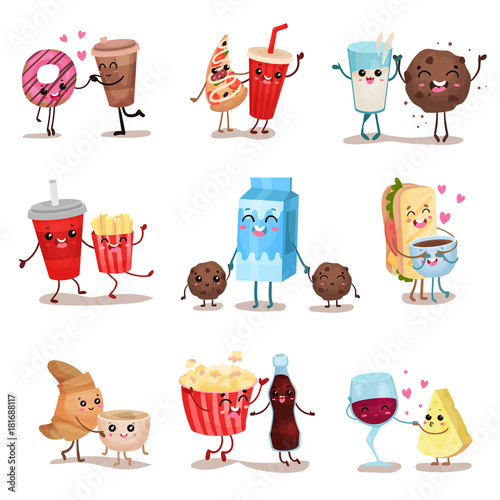 Cute funny food and drink characters set, best friends, funny fast food menu vector Illustrations