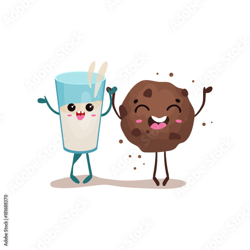 Cute glass of milk and cookie characters are best friends, healthy kids menu vector Illustration