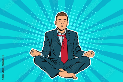  Young businessman sitting in lotus position pop art comic book vector illustration. Mental balance concept. Mental health, stress relief