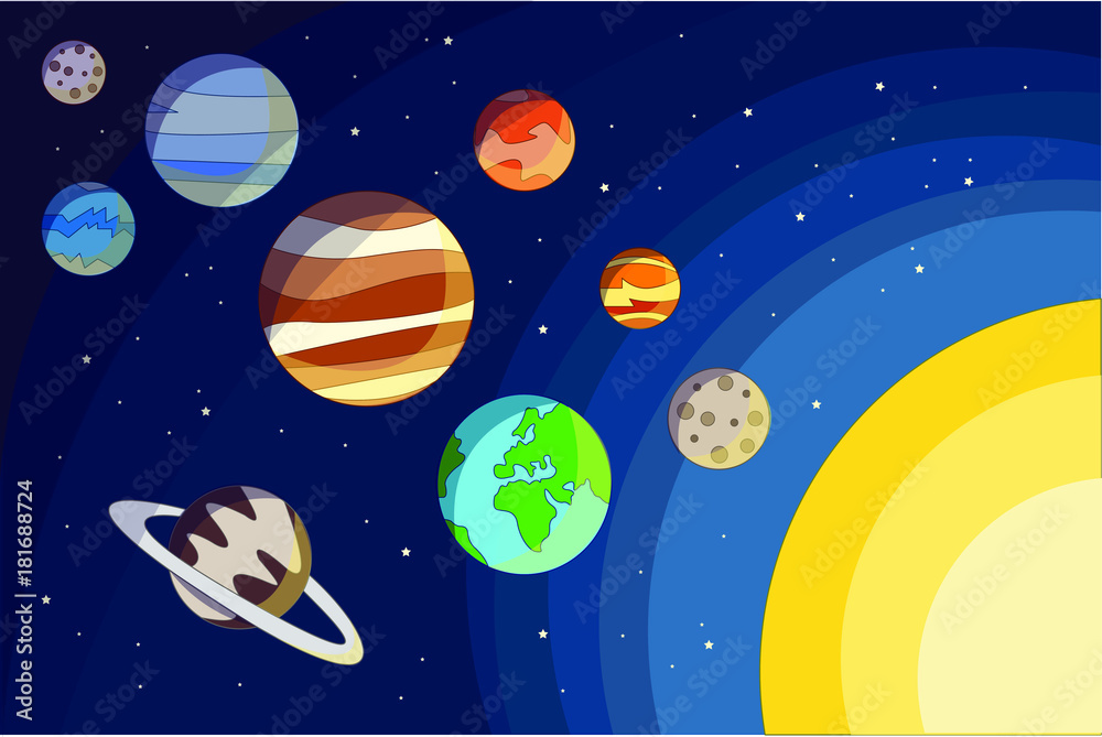 Naklejka premium Vector illustration of planets, stars, sun and moon found in our solar system.