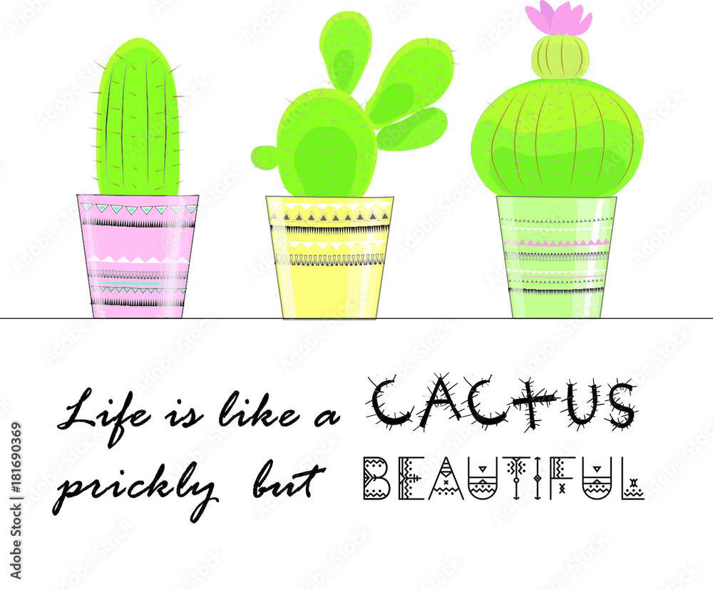 Vector illustration of three cactus in flowerpots. with a message about  life and cactus. Stock Illustration | Adobe Stock