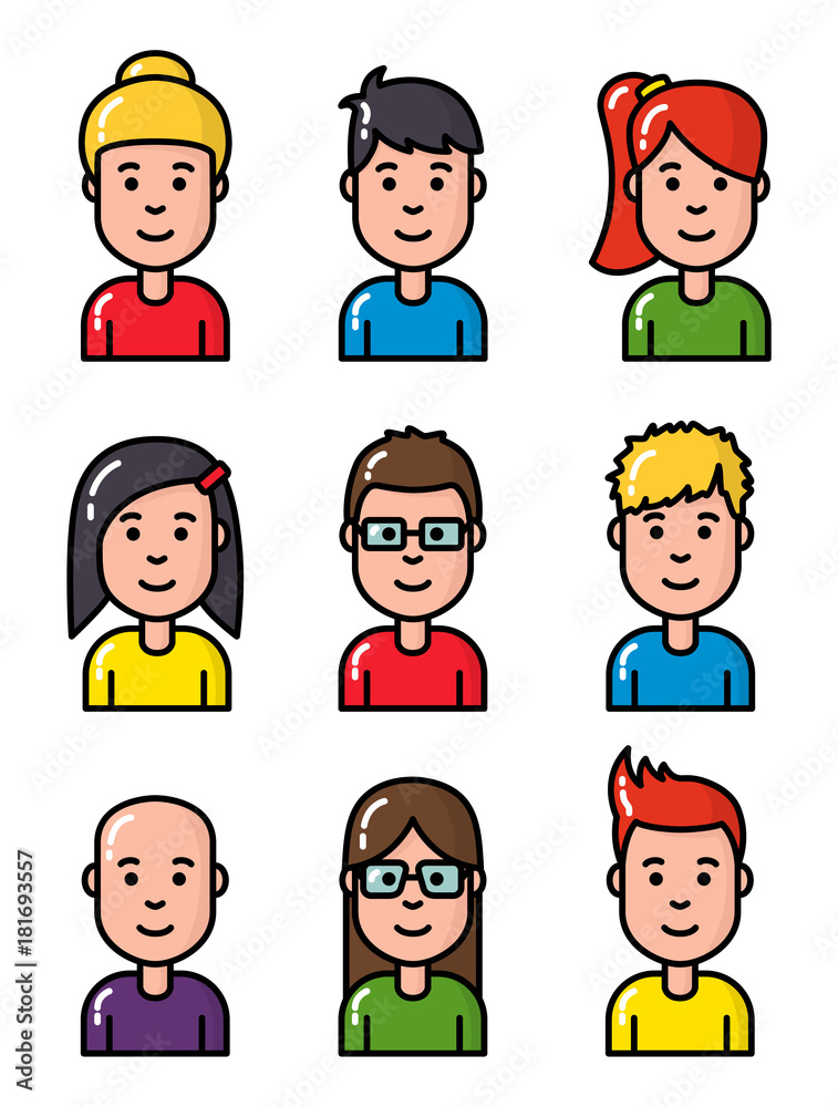 Obraz premium Avatar portrait young smiling people characters set cute outline linear isolated design