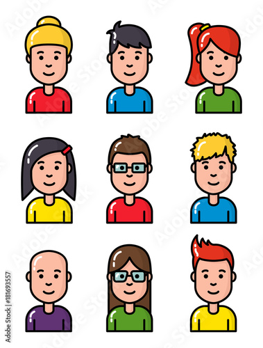 Avatar portrait young smiling people characters set cute outline linear isolated design