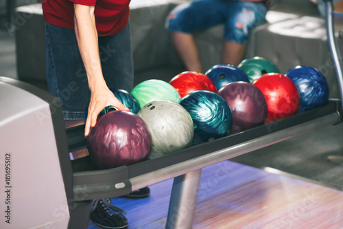 Bowling game. People choose the colored layers for bowling.