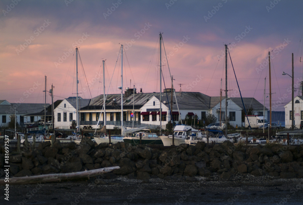 Port Townsend Boat Haven at Sunset. Located on the northeast corner of the Olympic Peninsula in historic Port Townsend, Washington, on the primary route to the San Juan Islands