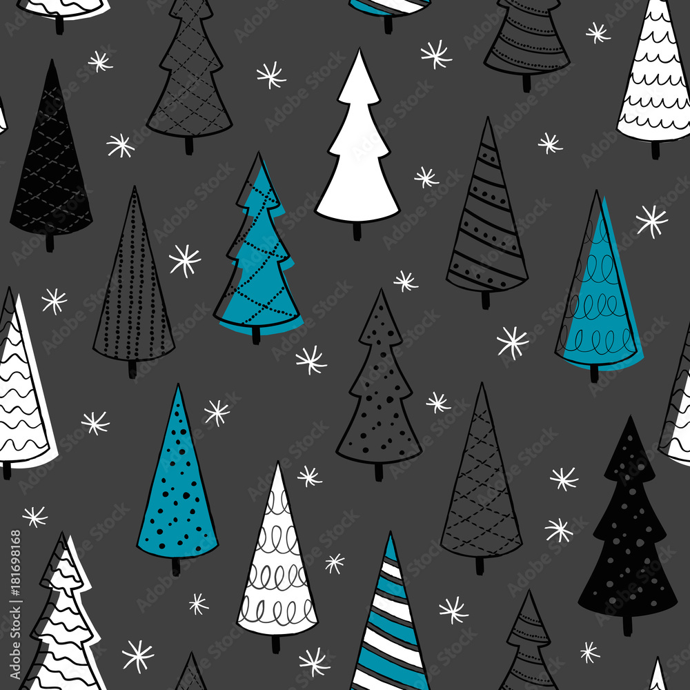 Cute seamless pattern with christmas tree. Hand Drawn vector illustration. Wrapping paper pattern. Background with abstract elements.